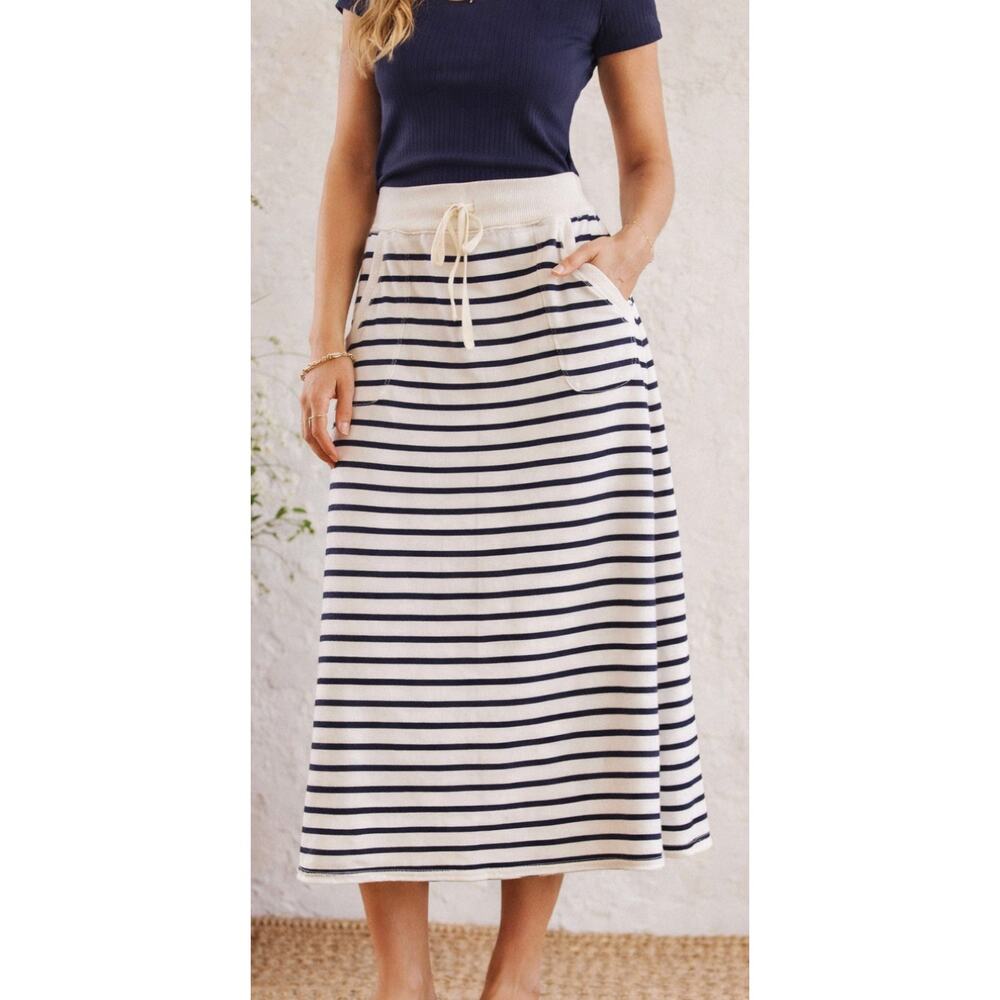 Anthropologie Saturday Sunday Striped Midi Skirt Navy White Nautical Med